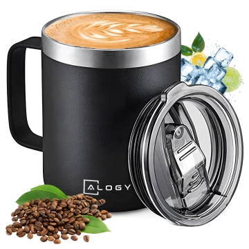 Thermobecher 420 ml mit Henkel und Deckel für Kaffee, Tee, Stahl, Kalt- und Heißgetränke, Alogy Black