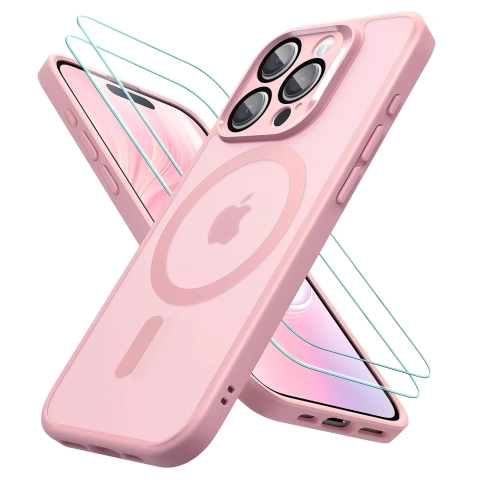 3-in-1 Hybrid-Glashüllen-Set für Apple iPhone 16 Pro Max: Schutzhülle mit Hybrid-MagSafe-Funktion und Linsenschutz, 2x Displayschutzfolie aus gehärtetem Glas, Alogy 3-in-1-Hüllen-Set, Pink