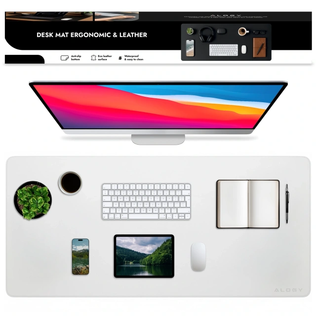 Podkładka na biurko 90×45 cm – antypoślizgowa mata ochronna z eleganckiej ekoskóry PU, pod mysz i klawiaturę, stylowa i trwała – Alogy WorkMat™ Biała