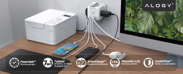 Rozgałęźnik sieciowy rozdzielacz Ładowarka adapter złodziejka 3 gniazdka EU 3x USB + USB-C C 7w1 Alogy Biały