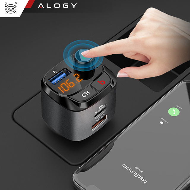 Transmiter samochodowy FM Alogy Ładowarka USB QC 3.0 + USB-C PD Bluetooth odtwarzacz MP3