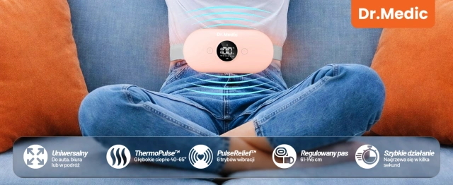 Pas Grzejący z Masażerem na okres i plecy - przeciwbólowy, ciepło + wibracje, 6 poziomów intensywności, akumulator 1800 mAh - Dr.Medic ThermoPulse™ Różowy