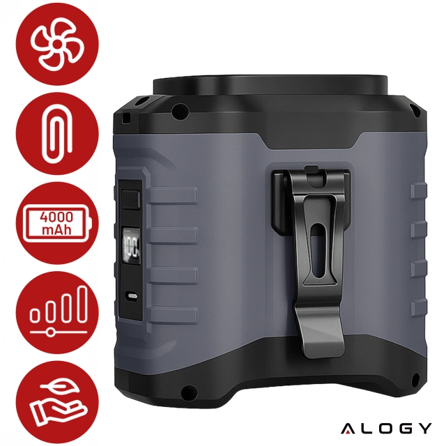 Wentylator z klipsem do paska, akumulator 4000 mAh, 5 poziomów prędkości, czas pracy 8–40 godzin, ładowanie przez USB, do stosowania na placach budowy, na zewnątrz, na wędrówki, do pracy latem, powerbankiem