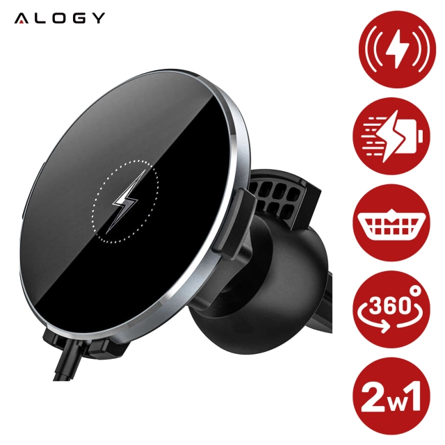 Uchwyt samochodowy 2w1 z ładowarką indukcyjna Alogy Airvent MagSafe QI Charger do MagSafe 15W do kratki Czarny