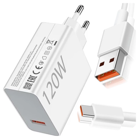 Oryginalna Ładowarka Sieciowa Xiaomi MDY-13-EE 120W Szybkie ładowanie Quick Charge QC 3.0 Biała + Kabel Xiaomi USB do USB-C