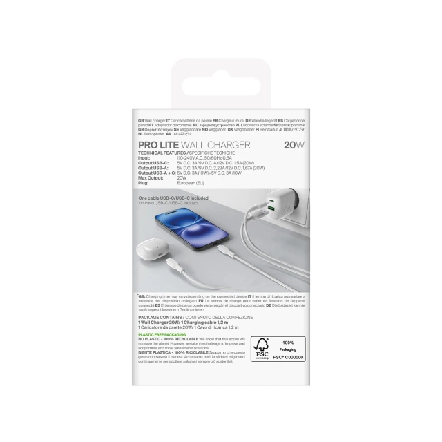 Ładowarka Puro PROLITE 20W USB-A/USB-C + kabel 1.2m – biała
