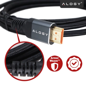 Kabel HDMI 2.1 1.5 m, 4K/8K Alogy Ultra High Speed™ 48 Gbps 60Hz, Premium z Pozłacanymi Końcówkami, Nylonowy Oplot, Miedziany – Czarny