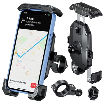 Uchwyt Motocyklowy na Telefon Kewig do Kierownicy i Lusterka, Antywstrząsowy z Systemem Antywibracyjnym, Rotacja 360°, Kompatybilny z Telefonami 5.4–7" – Czarny
