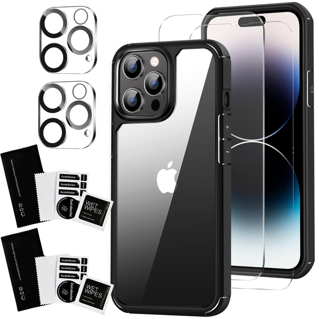 Etui Case do iPhone 14 Pro + zestaw 4 szkieł 5w1 pancerne 360 Alogy Hybrid 2x Szkło na ekran +2x obiektyw czarno-przezroczyste