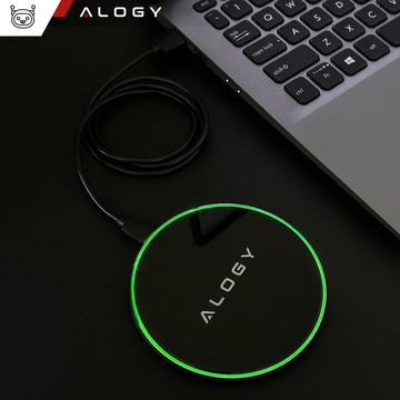 QI kabelloses induktives Ladegerät 15 W schnelle LED Alogy rund für iPhone USB-C-Kabel Schwarz
