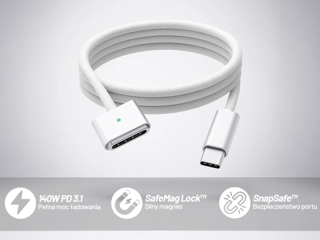 Kabel zasilający USB-C do MagSafe 3 – szybkie ładowanie 140W, przewód 2 m, do Apple MacBook, wytrzymały i bezpieczny – Alogy PowerLink™ Biały