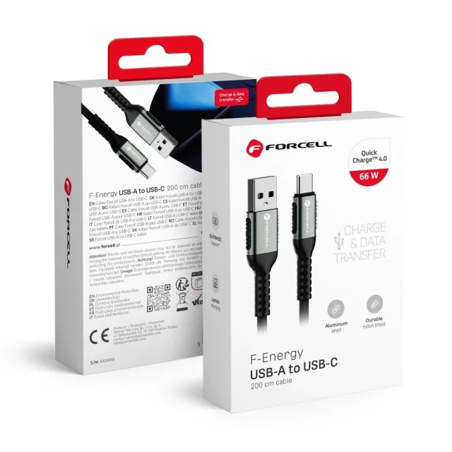 Kabel USB-A do USB-C Forcell 66W QC 3.0 SUPERVOOC Nylon 2m Laptop
