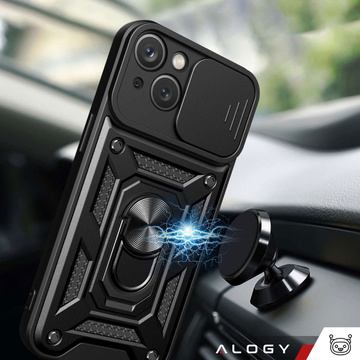 Gepanzerte Hülle für iPhone 15 Camshield Case Ring Alogy Stand mit verschiebbarer Kameraabdeckung, schwarz
