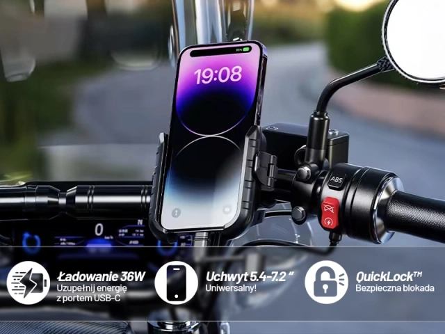 Uchwyt Motocyklowy na Telefon z Szybkim Ładowaniem 36W USB-C PD Kewig do Kierownicy i Lusterka, Rotacja 360°, Kompatybilny z Telefonami 5.4–7" - Czarny