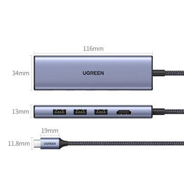 HUB 6in1 Ugreen CM511 USB-C HDMI 3xUSB-A SD TF 5Gb/s 4K Grau