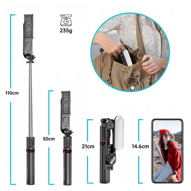 Kijek Selfie Stick uchwyt do telefonu zdjęć statyw Tripod L15 z Lampa LED + Pilot Bluetooth na telefon Czarny