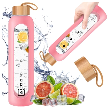 Große Glasflasche Trinkflasche Alogy Motivational Messbecher 1l 1000ml Silikonhülle Pink