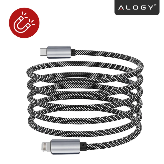 Kabel Zasilający USB-C do Lightning 27W 1m, Szybkie Ładowanie PD, Trwały i Elastyczny Przewód Kompatybilny z iPhone i iPad, Alogy MagiCharge™ – Czarny