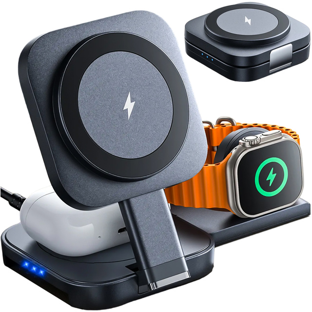 Qi Mag Safe 15W induktives Ladegerät für iPhone Apple Watch AirPods kabellose 3in1 Dockingstation schwarz