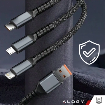 Kabel 120cm Alogy 3w1 Szybkie ładowanie Charging Cable 100W USB do USB-C + Micro + Lightning Czarny