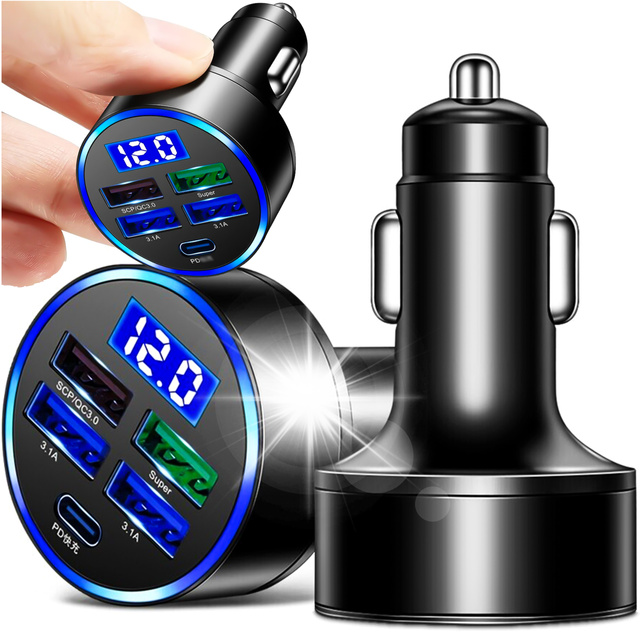 Autoladegerät 4x USB QC 3.0 USB C PD 20W LED schnell leistungsstark 250W für Alogy Autotelefon schwarz
