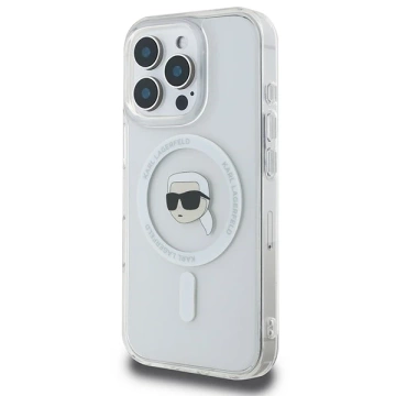 Karl Lagerfeld Hülle für iPhone 16 Pro Max 6,9" Weißes MagSafe Hardcase IML Metall Karl Head