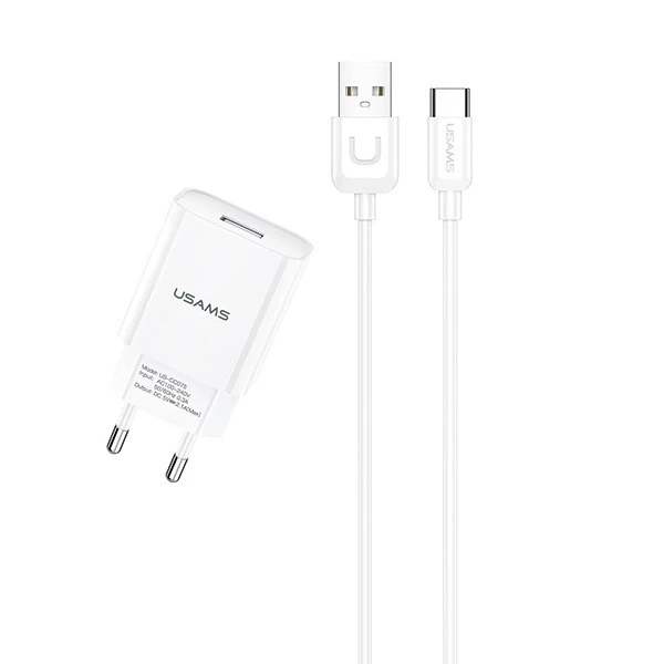 USAMS Wandladegerät 1xUSB T21 USB-C weiß/weiß 2.1A Schnellladekabel T21OCTC01
