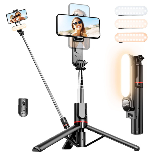 Kijek Selfie Stick uchwyt do telefonu zdjęć statyw Tripod L15 z Lampa LED + Pilot Bluetooth na telefon Czarny