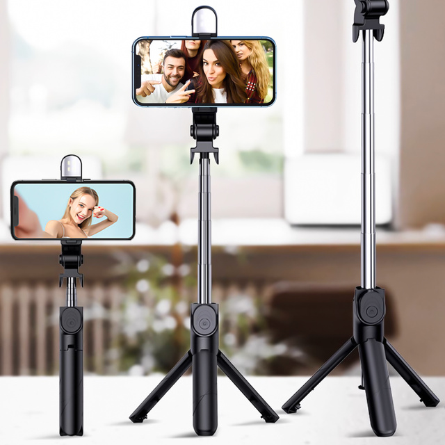 Kijek Selfie Stick Tripod Statyw LED Pilot Bluetooth Uchwyt do telefonu z lampką LED kij wysięgnik 95cm czarny