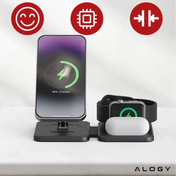 Alogy MagCharge Faltbares Pro 3-in-1 Kabelloses Ladegerät mit MagSafe für Apple iPhone, Watch und AirPods, Schwarz