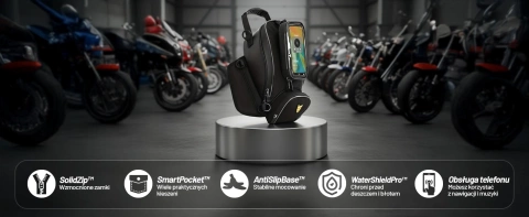 Motorradtasche mit abnehmbarer Handyhülle, wasserdichte Motorradtasche mit Fächern und Tankhalterung, geräumig und robust, MotoRider™ – Schwarz