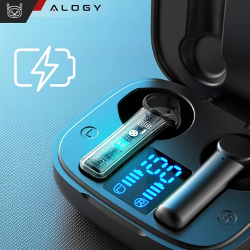 Alogy TWS Bluetooth 5.0 LED-Kopfhörer mit IPX5-Ladecase, Powerbank und USB-C-Anschluss, Schwarz
