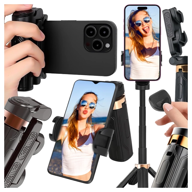 Selfie Stick Mini Tripod stabilny kompaktowy lekki Kijek do Selfie i Statyw Rozkładany 360° z Pilotem Bluetooth 10m, Stojak do Zdjęć i Nagrywania, Alogy FlexiShot™ Czarny