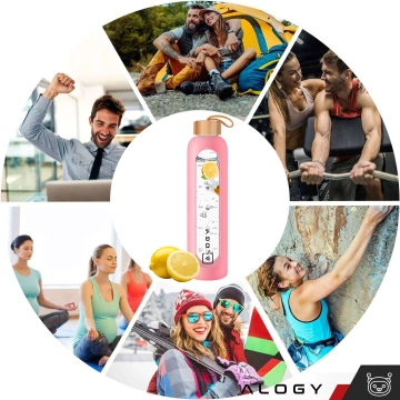 Große Glasflasche Trinkflasche Alogy Motivational Messbecher 1l 1000ml Silikonhülle Pink