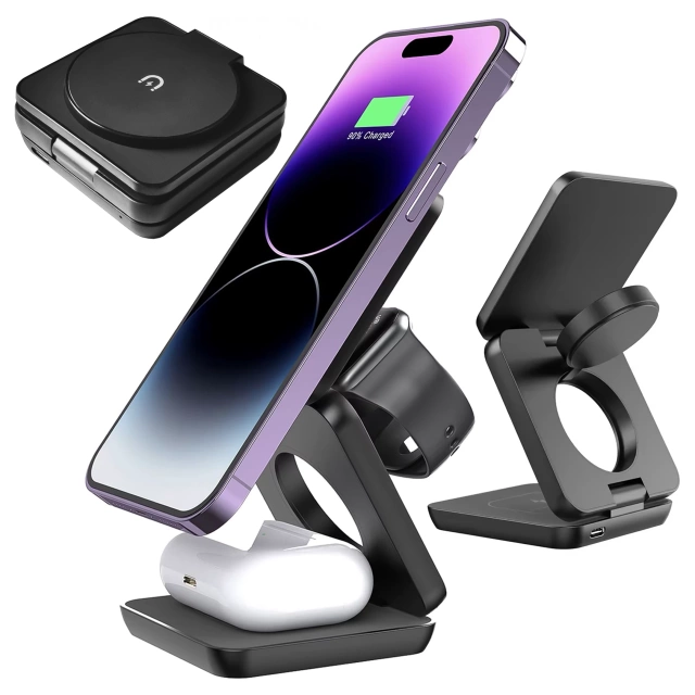 Ładowarka indukcyjna 3w1 do MagSafe QI do Apple iPhone Airpods Watch Alogy QI Charger Stand stojak Czarna