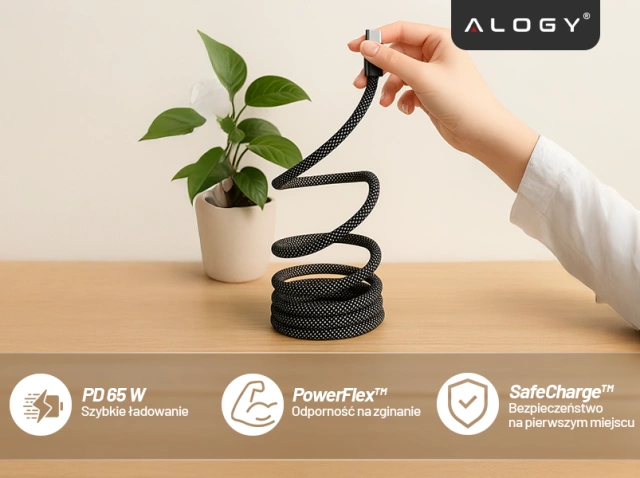 Kabel Zasilający USB-C do USB-C 65W 1m, Szybkie Ładowanie PD, Magnetyczny, Trwały i Elastyczny Przewód Kompatybilny z iPhone, MacBook i Android, Alogy MagiCharge™ – Czarny + Ładowarka Sieciowa 3w1 65W