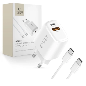 Ładowarka Tech-Protect NCA20 20W PD QC3.0 + Kabel USB-C Biała