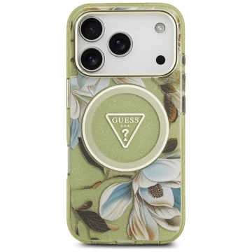 Etui Guess MagSafe do iPhone 17 Pro IML Glitter Flowers Triangle Green