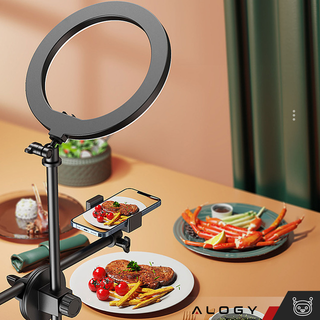 Lampa pierścieniowa LED Ring 10" 2x uchwyt na telefon stojąca statyw na biurko regulowane ramie Alogy Czarna