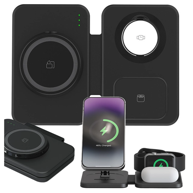 Ładowarka indukcyjna 3w1 składana Alogy MagCharge Foldable Pro do MagSafe do Apple iPhone Watch AirPods Czarna