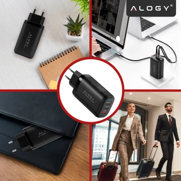 Alogy GaNCharge Kompaktes 3-in-1-Wandladegerät, schnelles Laden, GaN3, 65 W, USB-A, 30 W, 2 x USB-C, 65 W, Schwarz