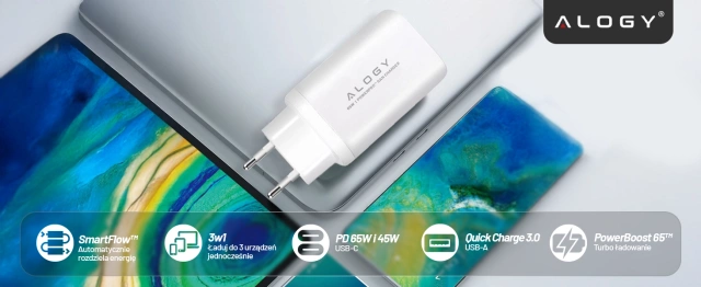Ładowarka Sieciowa 3w1 z Technologią GaN3 65W, Szybkie Ładowanie PD i QC, Porty 2x USB-C 65W + USB-A 30W, Kompaktowa i Wydajna, Alogy GaNCharge Compact™ – Biała