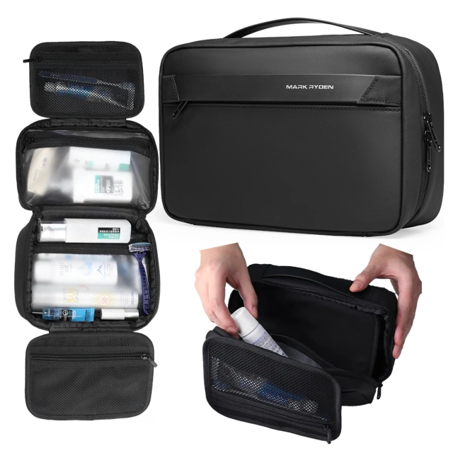 Torba Podróżna Kosmetyczka Mark Ryden Męska i Damska, Pojemna 3.9 l, 4 Przegrody z Haczykiem, Zamek Błyskawiczny YKK, Materiał PU + Oxford – Czarna