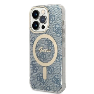 Zestaw Guess GUBPP14LH4EACSB Case Charger iPhone 14 Pro 6,1" niebieski/blue Hartschalenetui 4G Print MagSafe