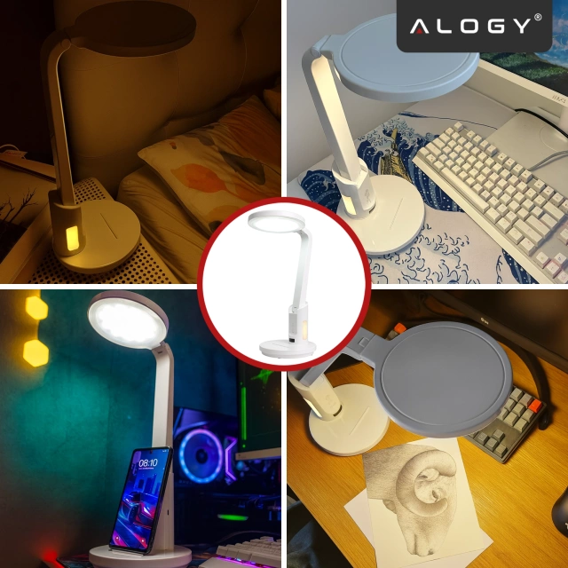 Lampka biurkowa nocna LED – akumulator 6000 mAh, regulacja światła i trybów, miejsce na telefon, stabilna, idealna do nauki i pracy – Alogy MultiStand™ Biała