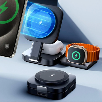 Qi Mag Safe 15W induktives Ladegerät für iPhone Apple Watch AirPods kabellose 3in1 Dockingstation schwarz
