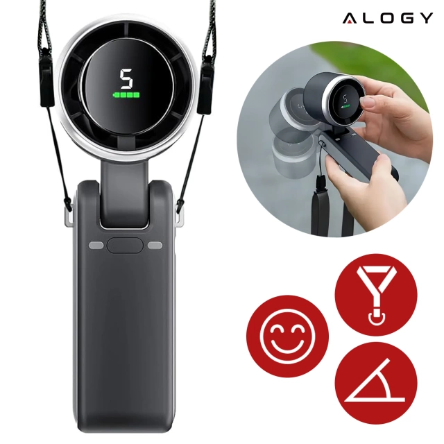 Wiatrak Mini wentylator Cyrkulator powietrza Alogy SmartFan™ Neck wiatraczek ręczny biurkowy z paskiem na szyję wyświetlacz LED 3600mAh Czarny