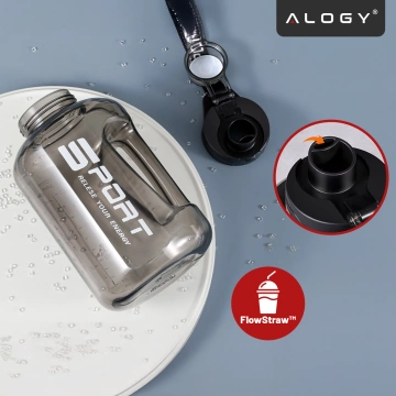 Duża Butelka Motywacyjna na Wodę 1.7L Bidon Sportowy z Miarką, Uchwytem i Pokrywką 2w1 (Dzióbek + Słomka), Wygodna i Szczelna, Alogy Sport 1700ml – Czarna