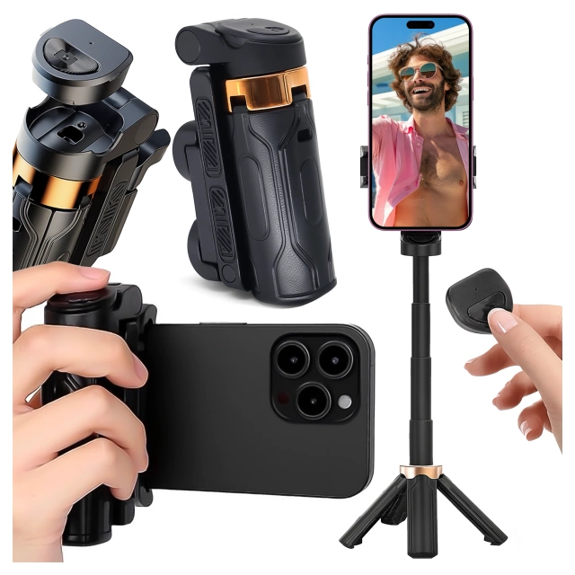 Selfie Stick Mini Tripod stabilny kompaktowy lekki Kijek do Selfie i Statyw Rozkładany 360° z Pilotem Bluetooth 10m, Stojak do Zdjęć i Nagrywania, Alogy FlexiShot™ Czarny