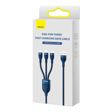 Kabel USB 3w1 Baseus Flash Serie, USB-C Micro USB Lightning, 66W, 1.2m (niebieski)
